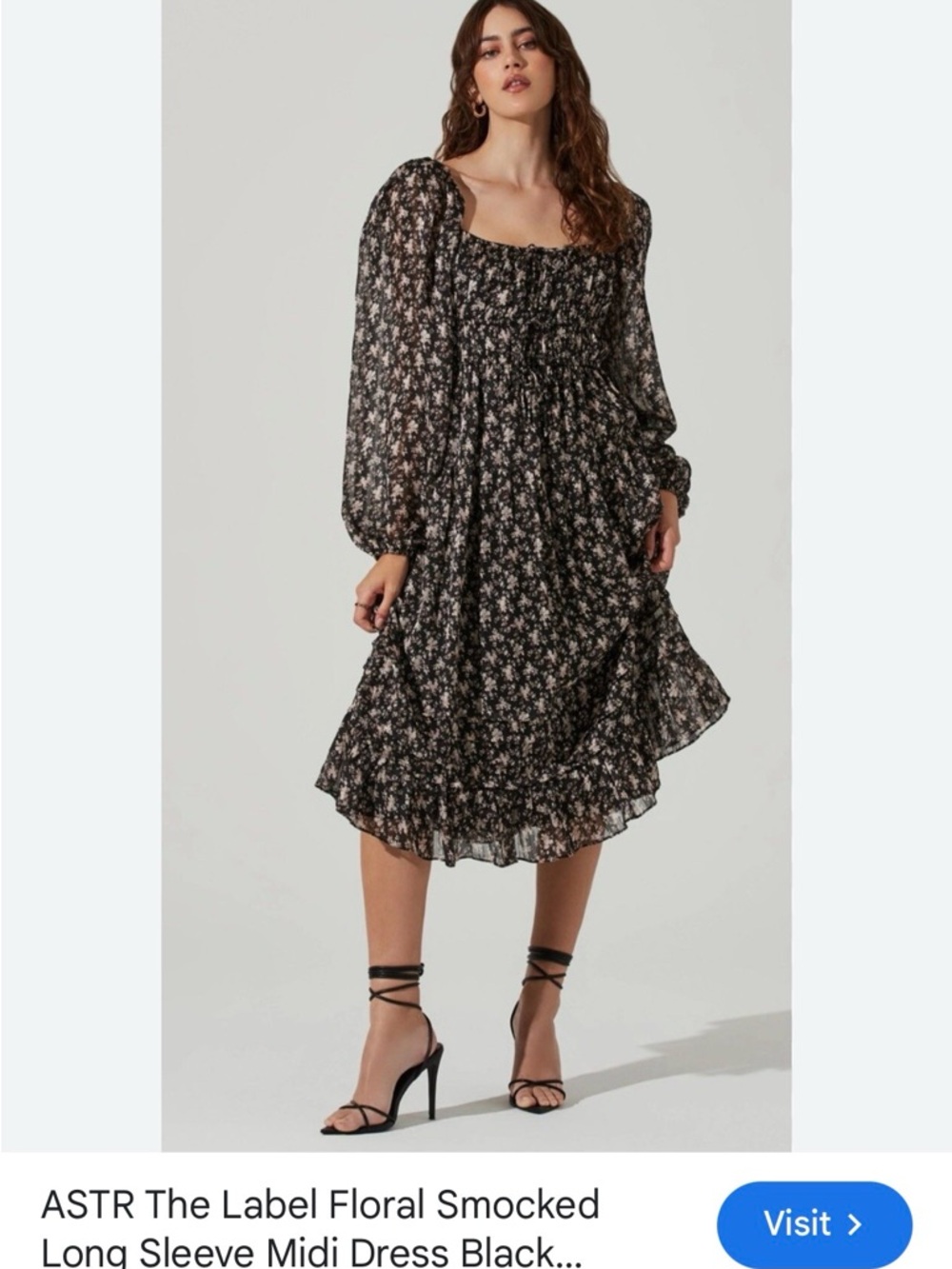 Astr Black Floral Smocked Midi Dress with Puff Sleeves